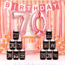 12pcs Can Cooler Sleeves - Rose Gold 70th Birthday Decorations for Women - Beverage Can Cooler Sleeves for Cheers to 70 Years Old Party Supplies Gift