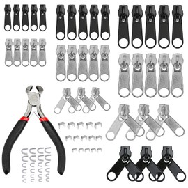 XIANHU 85 Pieces Zipper Repair Kit Zipper Slider Replacement Zip Fixer Part with Pliers for Repair Jeans CoatsJacket Zipper, Silver Black Black, Silver