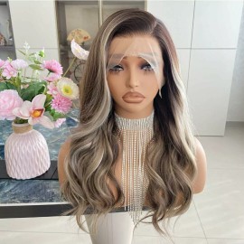 Unbranded HD Lace Front Wig Human Hair Blend Highlights  Straight Honey BROWN Blonde