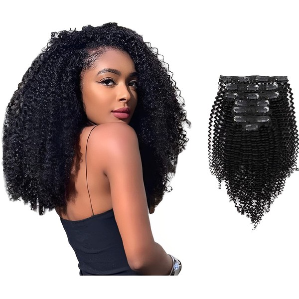 ABH AmazingBeauty Hair Kinkys Curl Clip in Hair Extensions Thick 3C and 4A Remy Human Hair Double Weft for Bantu Knotted 3C Clip ins for Black Women Twisted Out 120 Gram Jet Black 1# 18 Inch