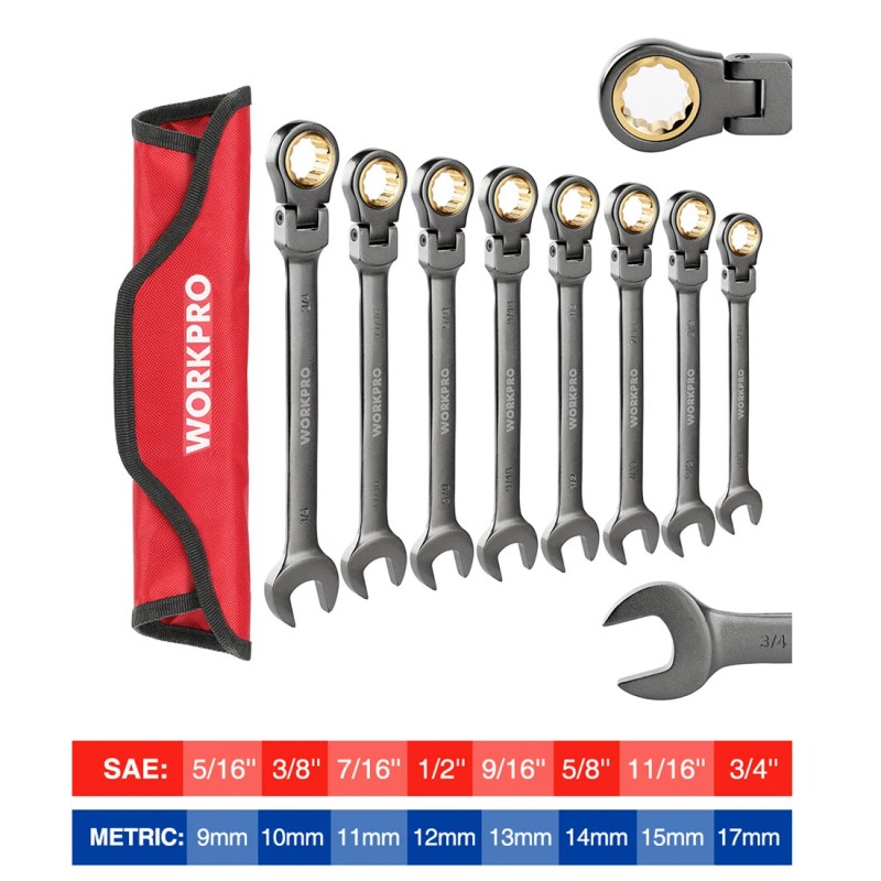 WORKPRO 8PCS Flex-Head Ratcheting Combination Wrench SAE Set 5/16"-3/4" 72-Teeth