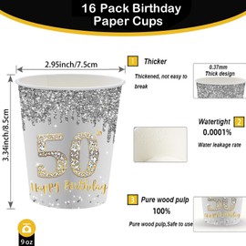 MORAINJAY 16Pcs Birthday Paper Cups for 50,9oz/250ml Silver and Gold Cup for 50th Birthday Party,Party Cups for Men Women Her Him,Birthday Tableware Set Party Supplies Table Decorations
