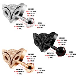 BIG GAUGES 3pcs of Black Steel Rose Anodized 16g Gauge 1.2mm 6mm Tragus Helix Cartilage Piercing Glittering Fox Earrings Lobe BG5903