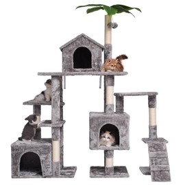 JISSBON Multi-Level Cat Tree, Activity Centre Cat Tower Furniture with Sisal-Covered Scratching Posts, Dual Padded Plush Perches, Dual Condo & Basket, Removable Hammock, for Kittens (Grayish)