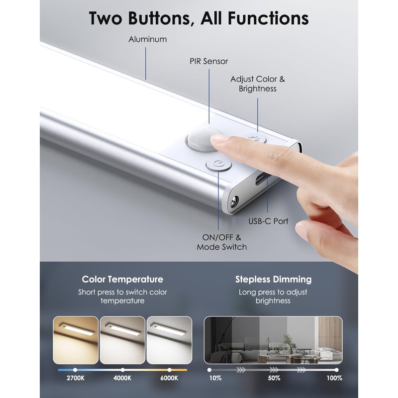 VerRon 5-Pack Under Cabinet Lighting, Upgraded 2200mAh Rechargeable Under Cabinet