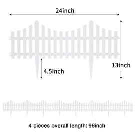 Sungmor Lightweight & Flexible Plastic White Edging Garden Picket Fence, Pack of 4 (One Piece L:24in, W:0.3in, H:13in) Above Ground Height 9.5in, Decorative Landscape Lawn Flowerbed Border Path Panel