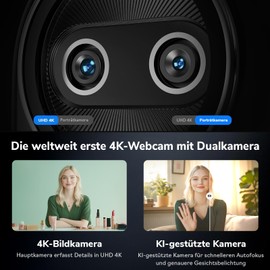 EMEET 4K Webcam Piko, World's First AI-Powered 4K Webcam with Dual Camera and AI Auto Focus, 3 Microphone Arrays and 3 Sound Modes, USB Webcam, Ideal for Zoom/Skype