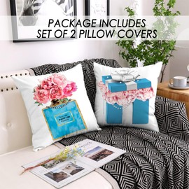 HSINYA 18x18 Blue Teal Throw Pillow Covers Pink Flower Perfume Lipstick Fashion Decorative Pillow Covers Teal Blue Accent Couch Pillow Covers Velvet Pillow Cases Teen Girl Room Decor Set of 2 (Blue)