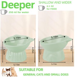 2Pcs Ceramic Elevated Bowls, Extra Wide Raised Cat Bowls for Food and Water, Shallow Cat Food Dish Whisker Friendly, Anti Vomit, Microwave and Dishwasher Safe, Great Height (Green)