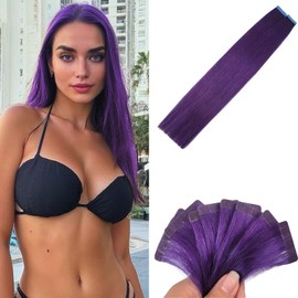 Purple Tape in Hair Extensions Human Hair 22 Inch Seamless Soft Tape in Colored Remy Human Hair Extensions for Women
