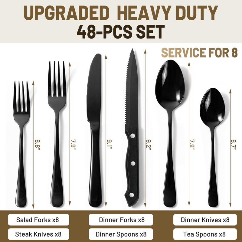 48 PCS NO-FADING Black Silverware Set with Steak Knives -