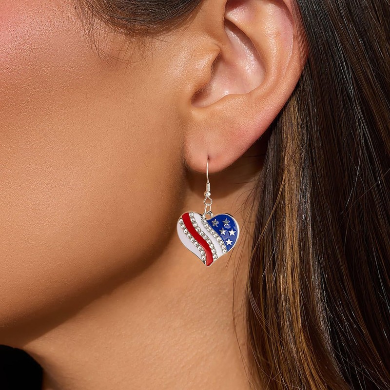 BSGRL American Flag Earrings - Heart Shape USA Flag Silver