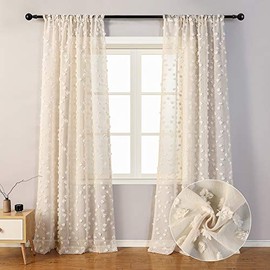 MYSKY HOME Pom Pom Wood Beige Sheer Curtains for Bedroom Light Filtering Semi-Sheer Curtains for Nursery Girls Kids Room Rod Pocket Boho Farmhouse Voile Draperies Wood Beige 54 x 84 inch 2 Panels