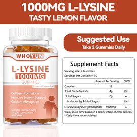 Whoyun L-Lysine 1000mg Gummies, Chewable Lysine Supplement for Adults, Immune Support, Collagen Formation Support, Lemon Flavor, 60 Count