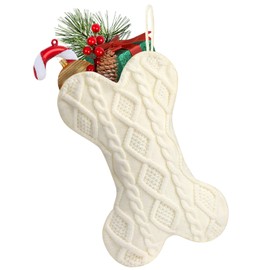 Hommtina Dog Christmas Stocking, Bone Shape Christmas Stocking for Dogs, Xmas Fireplace Hanging Stockings for Pets, Knit Dog Stockings Christmas Decorations(Bone, Classic White)
