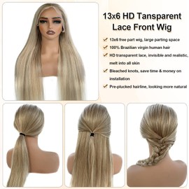Ash Blonde with White Platinum Blonde Highlight Lace Front Wig Human Hair 30 Inch 13x6 Deep Parting Frontal Lace Wig Pre Plucked with Ash Brown Roots Straight 180% Density Remy Glueless Wigs for Women