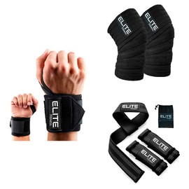 Elite Fitness Paquete con Vendas para Rodilla, muñequeras, y Straps para Gimnasio, Kit para Levantamiento de Pesas (Negro)