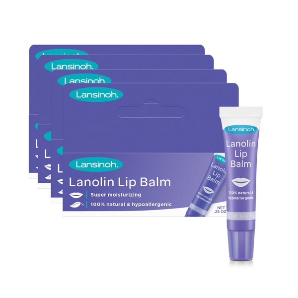 Lansinoh Lanolin Lip Balm, Moisturizing Lip Care, 4 Pack, 0.25 Ounces Each