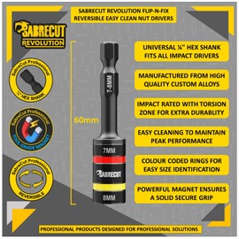 1 x SabreCut SCDIN7-8 Dual Size 7mm & 8mm Magnetic 60mm Long Reversable 2-in-1 Easy Clean Impact Rated Hex Head Nut Socket Driver for Drills and Impact Drivers