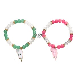 Pingyongchang 2Pcs Cute Cat Heart Matching Bracelet Lovely Cartoon Kitten Beaded Stretch Bracelets Y2K Couple Friendship Bracelets Jewelry Gifts for Women Men-Green+Pink