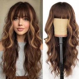 AISI HAIR Brown with Highlight Wig with Bangs Long Wavy Synthetic Wig for Women Daily Party Use
