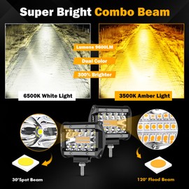 Auxbeam 4 Inch 240W LED Pods, Amber White Fog Light 6 Modes Strobe Lights for Work Truck, Dual Color Combo Offroad Driving Light for Jeep Atv Utv Car, 4 Packs