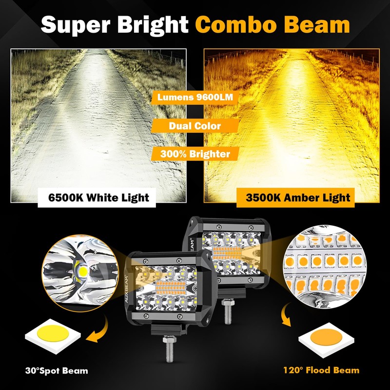 Auxbeam 4 Inch 240W LED Pods, Amber White Fog Light