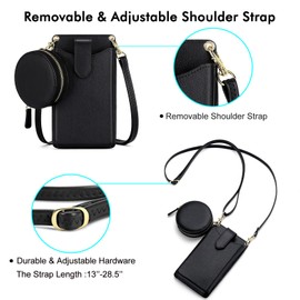 RONSIN Small Crossbody Cell Phone Purse for Women Vegan Leather Crossbody Phone Bag with RFID Card Slots Adjustable Strap, 18-black Coin Purse