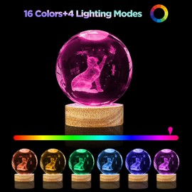 PYMIN3D 3D Cat Crystal Ball Night Light 3.15in K9 Cat Lamp with 16 Colors Change Wooden Base and Remote Control Christmas Cat Gifts for Cat Lovers Girl Women Friends