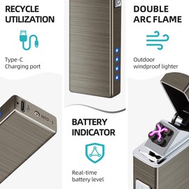 LcFun Electric USB Rechargeable Lighter Windproof Flamesless Plasma Dual Arc Lighter Small Metal Pocket Lighters for Candle, Incense, Camping (Nickel Brushed)