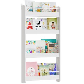 MAHANCRIS Kids Bookshelf, 4-Tier Wall Mount Bookshelf for Kids, Wooden Nursery Bookshelves, Hanging Book Shelf for Kids Room, Playroom, Bedroom, Living Room, White BKBW7601