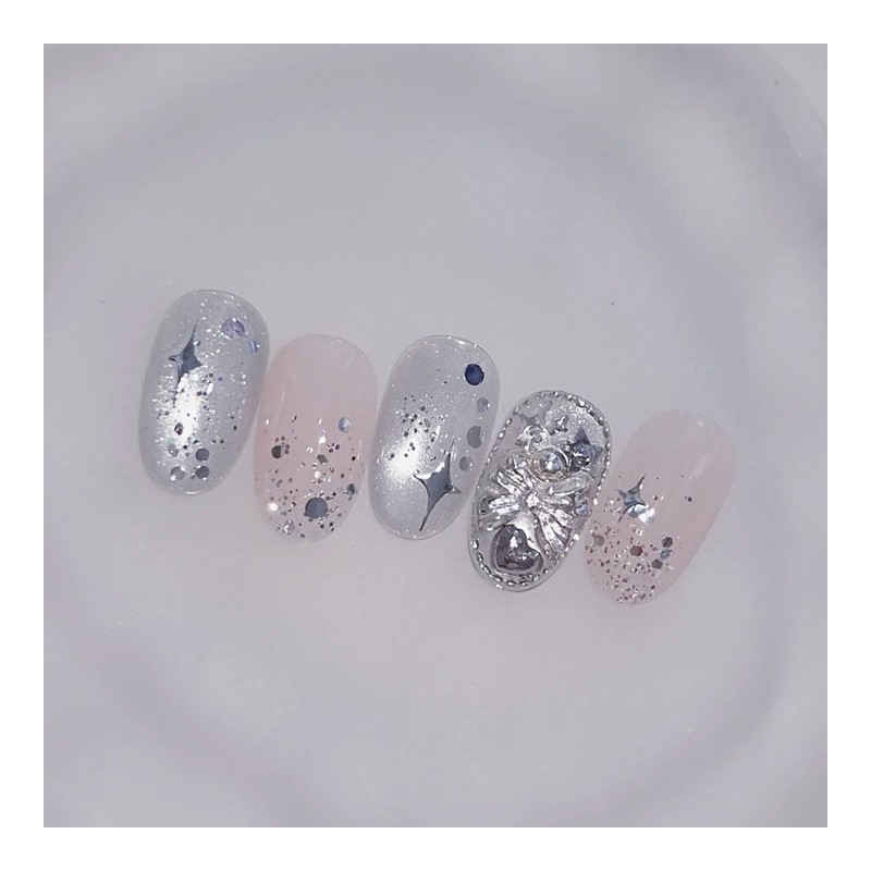 Silver bling handmade nail tips |Silver Magnet Full Parts Nail