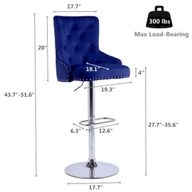 Beaugreen Modern Barstools Set of 2 Velvet Bar Chairs Counter Height Adjustable Swivel Blue Bar Stools Chairs for Kitchen Island,Counter,Dining Room,Pub Counter (Deep Blue, 2 Chairs)