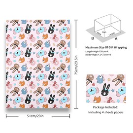 Animal Birthday Wrapping Paper for Girls Boys Kids Baby,Cute Rabbit Koala Bear Gift Wrapping Paper 4 Folded Sheet Graduation Baby Shower Christmas Wrapping Paper for Gift Wrap Supplies,20 x 30 Inch