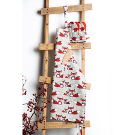 Linen Kitchen Apron with 2 Short Oven Mitts/Gloves - Cooking Aprons with Front Pocket for Women & Men with Cute Fox Design Handmade in Europe-Lithuania. Stylish 3-piece Set Good for Baking, Grilling