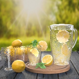 0.67 Gallon 2.55 Liter Water Pitcher with Lid, Plastic Drink Dispenser Set with 4 Matching Textured Cups – Ideal for Fridge, Iced Tea, Juice, and Beverages, Perfect for Home, Kitchen, and Outdoor Use