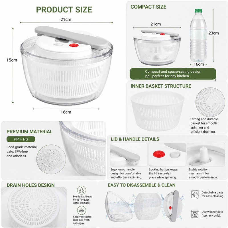 Manual Salad Spinner for Washing & Drying Vegetables – Compact