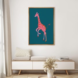 SIGNWIN Framed Canvas Print Wall Art Preppy Room Decor Pink African Cartoon Giraffe Portrait Nature Wilderness Drawings Boho Chic Animals Colorful for Living Room, Bedroom, Office - 16"x24" Natural