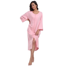 COLORFULLEAF Women's 100% Cotton Robes Zip up Dressing Gowns Lightweight Summer 3/4 Sleeve Full Length Housecoat Bathrobe (PI,XL)