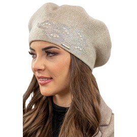 VIVISENCE Beret Hat for Women Winter Autumn Warm Berets with Shiny Zirconia Appliqué Women Elegant Classic Style Perfect for Autumn and Winter Days Model 7051, beige