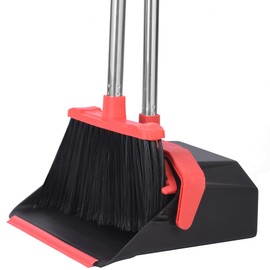 Tiumso Upgrade Broom and Dustpan Set, 51'' Sturdy Long Handle, Large Upright Stand Up Broom and Dustpan, ZeroGap Lip, Self-Cleaning Dustpan Teeth for Lobby Kitchen Office Floor - Black and Red