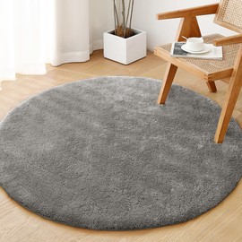 H.VERSAILTEX Round Rug for Bedroom Fluffy Circle Area Rug 4'X4' for Living Room Large Fluffy Rugs Ultra Soft Shaggy Carpet Non-Slip Fuzzy Dorm Rugs Comfy Home Decor Floor Carpets, Grey