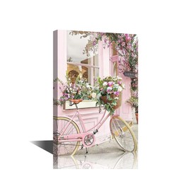 TISHIRON Bicycle and Flower Wall Art Canvas Painting Pictures Wall Decor Canvas Art Lake Blue Modern Artwork Contemporary Wall Decor for Home Office Decorations Framed Ready to Hang 8" x 12"