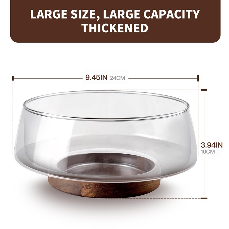 Large Glass Salad Bowls Set with Acacia Wood Base and