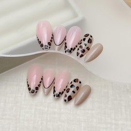 24PCS Acrylic Press on Nails Long Almond Fake Nails Nude Leopard Print Coffee Color Glue on Nails False Nails French Gloss Designs Nails Press on Artificial Nails Stick on Nails for Women