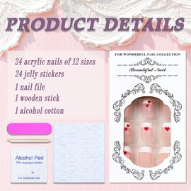 SWEKKE Valentines Press on Nails Short Square French Tip Petite Fake Nude Pink Full Cover Red Heart False with Designs Glossy Glue Acrylic Manicure Artificial for Women Girls 24Pcs