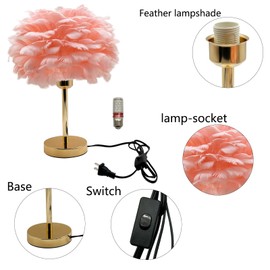 EMINGSKY Pink Feather Table Lamp Bedside Lamps LED Atmosphere Night Lights with Gold Base for Girl Bedroom Gifts Wedding Living Room Hotel Decorative - 3 Color Changing Modes