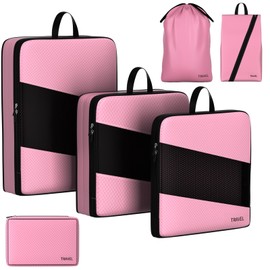Ougrand 6 Set Compression Packing Cubes for Carry On Suitcase Travel Must Haves Travel Bags Organizer for Luggage Suitcase Organizer Bags Set for Travel Essentials Luggage Organizer Bags（PINK)