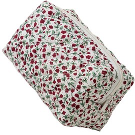 NJCXOLA Makeup Bag, Quilted Cosmetic Bag with Floral Pattern and Large Capacity Soft Cotton Material for Makeup Brushes and Beauty Utensils, Cosmetic Bag Flowers (Pink)