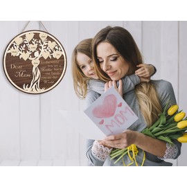OLMIXA Mothers Day Gift For Mom, Family Tree with Heart Tags Decor DIY Family Names Wooden Sign (12x12 inch), Warmly Inspirational Quote Hanging Sign for Mom Birthday Thanksgivings Gifts